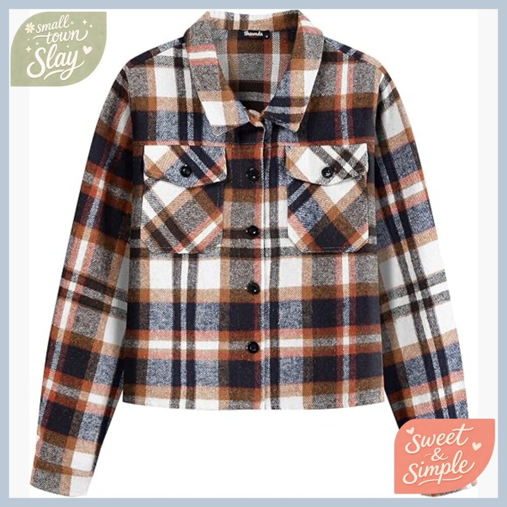 Cropped Flannel Shacket Button Down Casual Jacket… - image 1